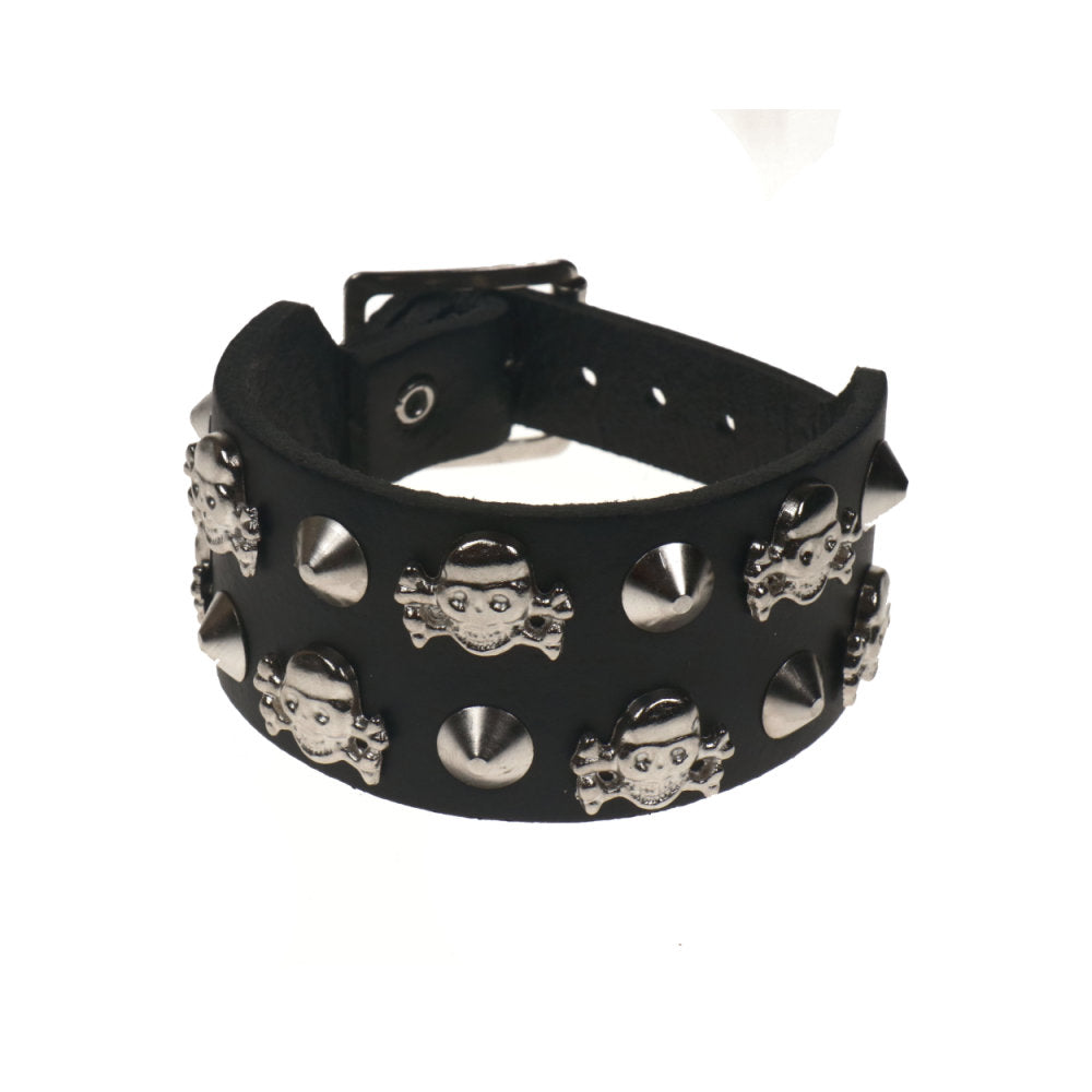WB469 - 2 Row Conical & Skull Leather Wristband