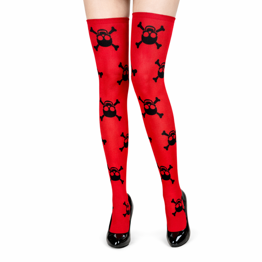 Skull Print Red Thigh Highs