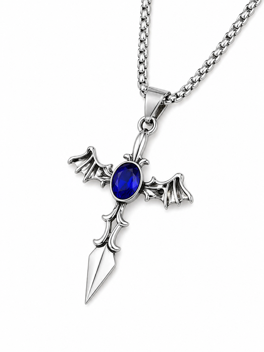 Blue Jewel Bat Cross Necklace
