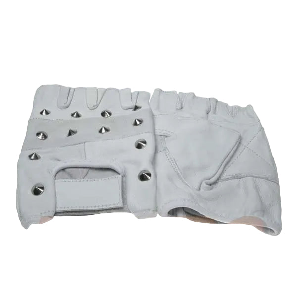 White Leather Studded Biker Gloves
