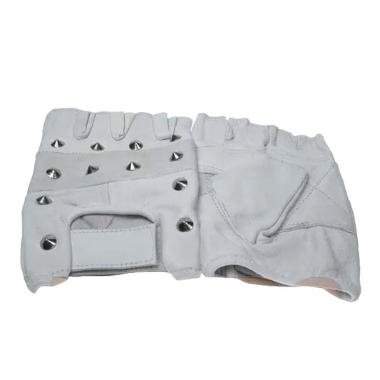 White Leather Studded Biker Gloves