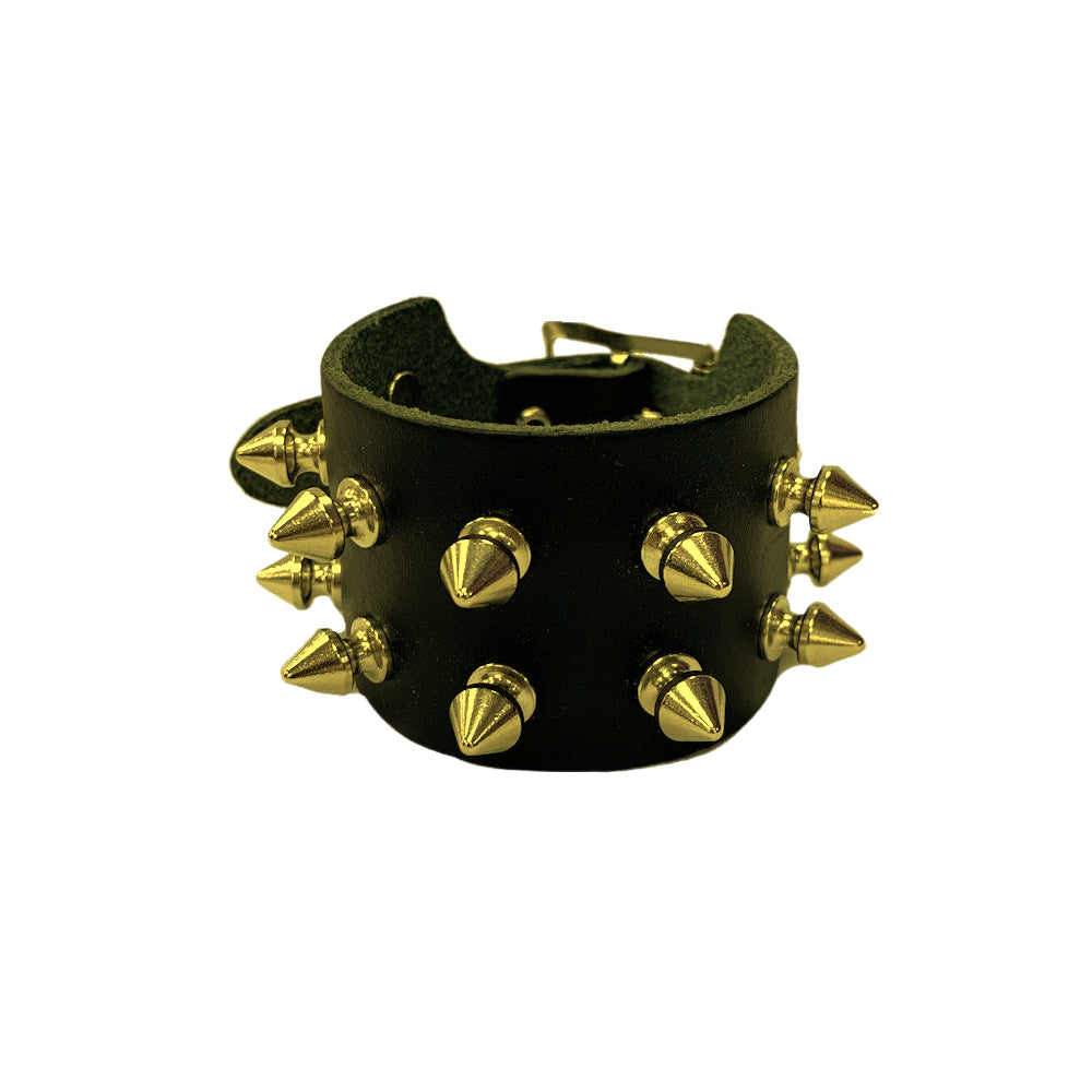 WB016B - 2 Row Golden Spikes Leather Wristband