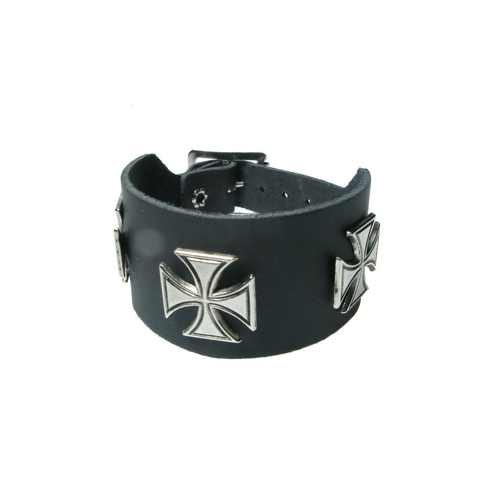 WB706 - 2 Row Iron Cross Leather Wristband