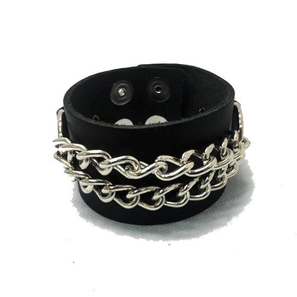 WB136 - Double Chain Leather Wristband