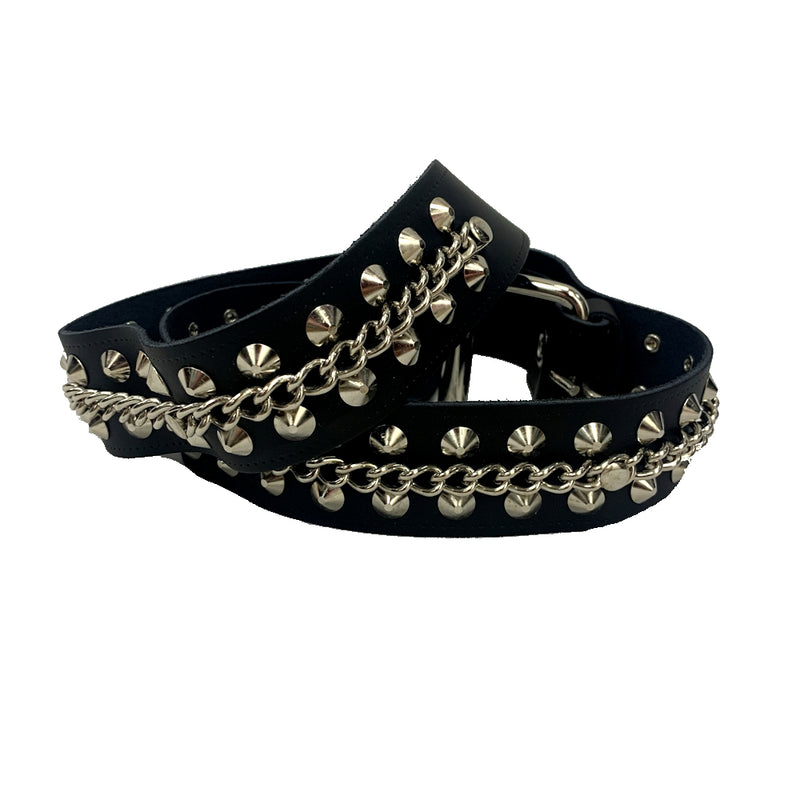 B622 - 2 Row Spikes & Chain Leather Belt