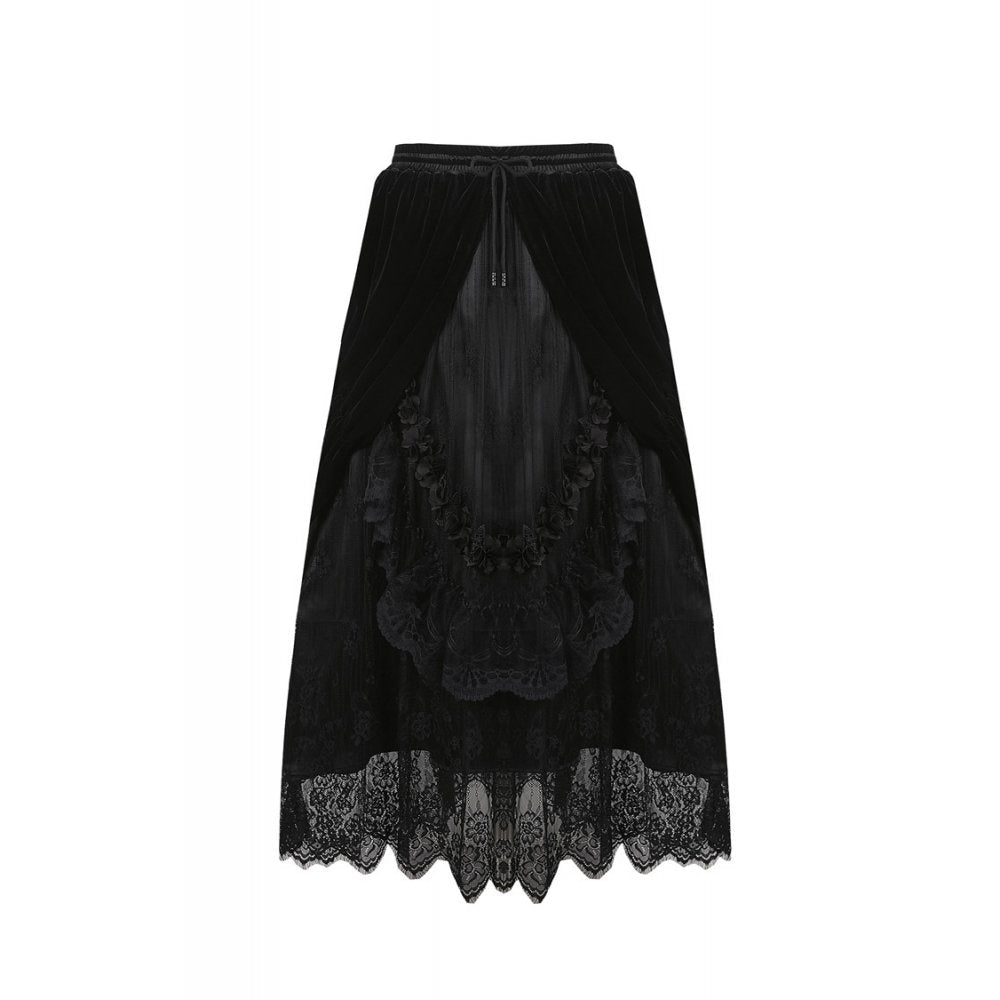 Gothic Black Velvet Lace Maxi Skirt 133