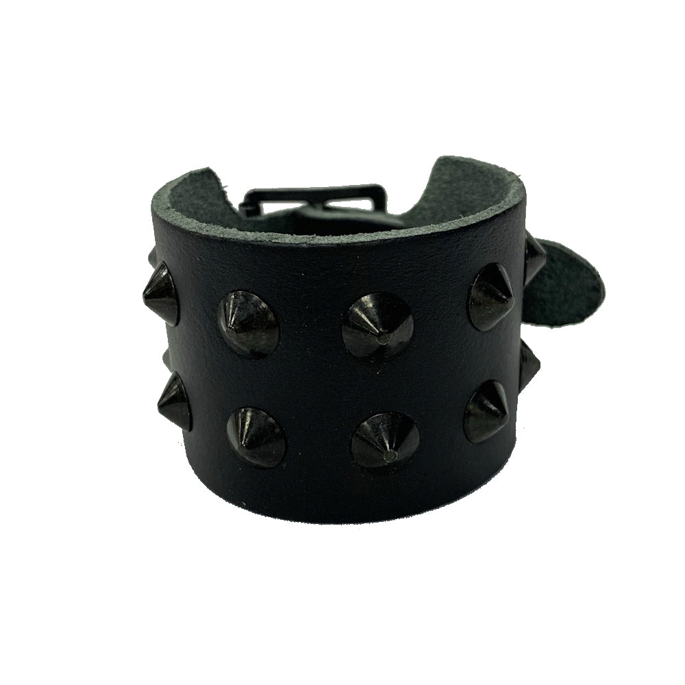 WB249 - 2 Row Black Spikes Leather Wristband